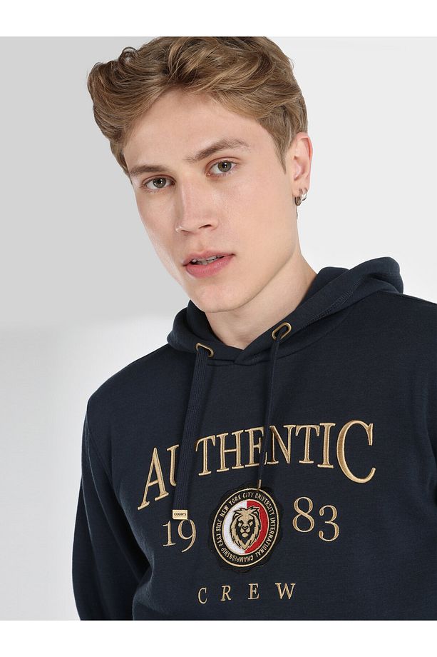 Regular Fit Baskılı Kapüşonlu Lacivert Erkek Sweatshirt - 4