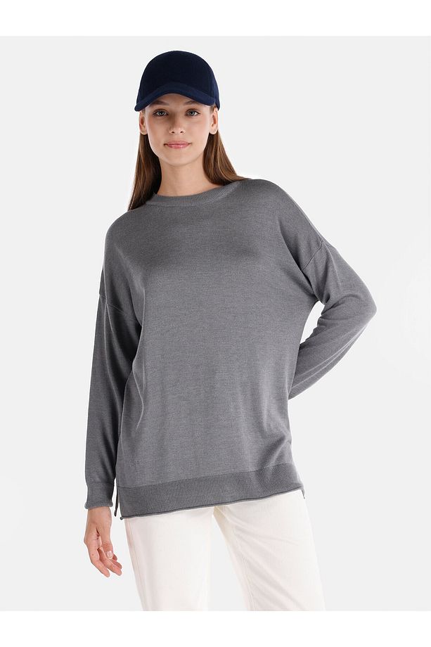 Regular Fit Bisiklet Yaka Basic Gri Kadın Kazak - 1