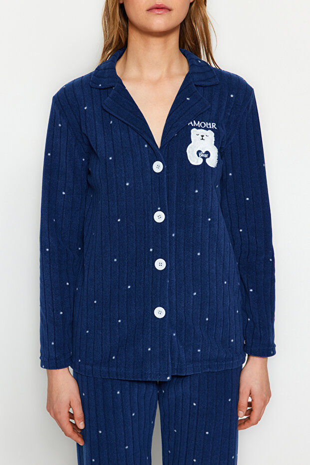 Lacivert Puantiyeli Hayvan Baskılı Polar Kışlık Örme Pijama Takımı THMAW24PT00176 - 6