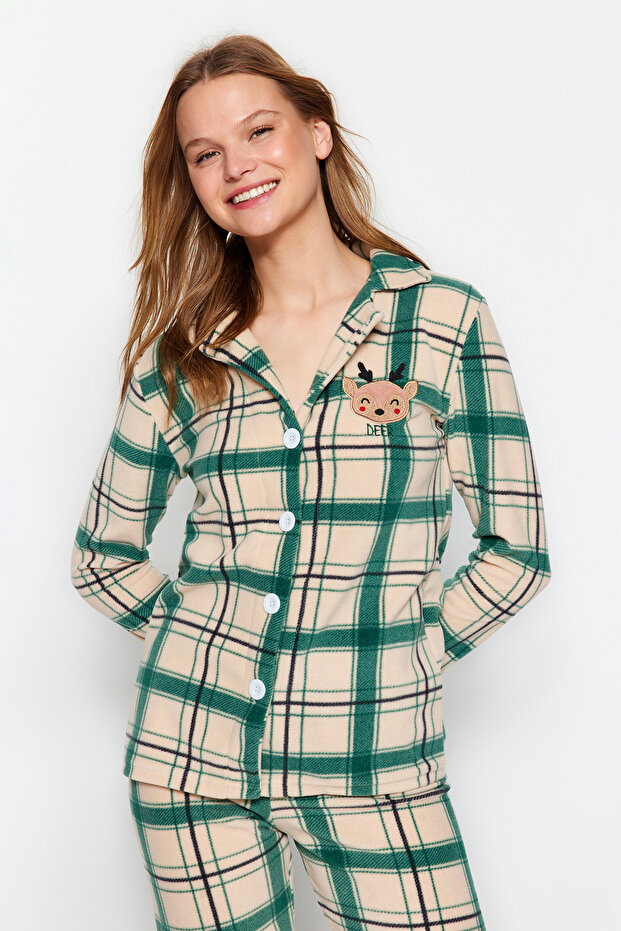 Yeşil Nakışlı Ekoseli Polar Kışlık Örme Pijama Takımı THMAW24PT00175 - 2