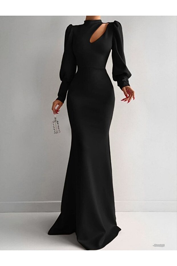 FLEXIBLE SCUBA FABRIC BLACK COLOR MERCHANT CUT NECK LONG SLEEVE EVENING DRESS GL-737 582279