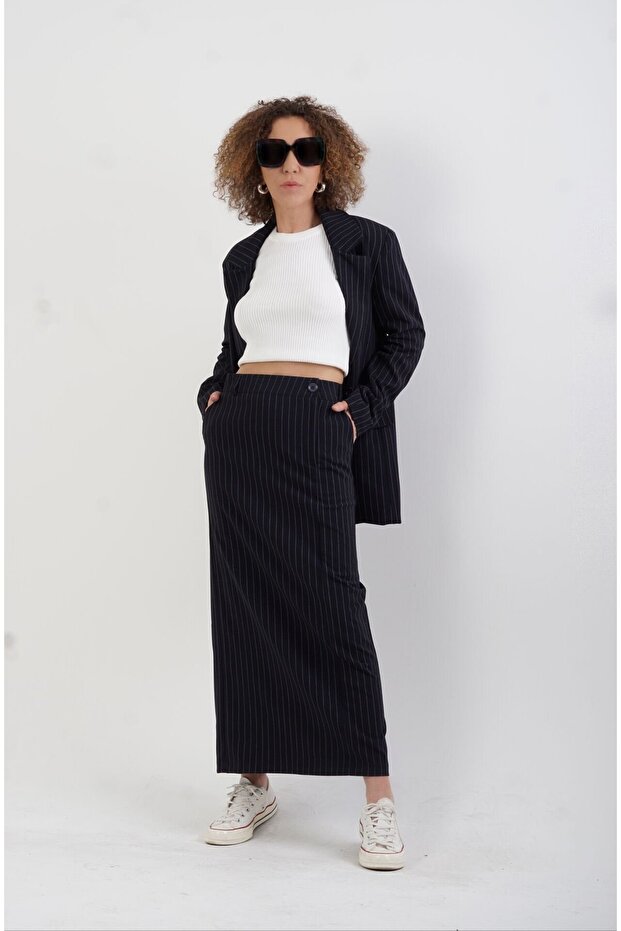 Navy Blue Poly Striped Skirt with Side Slits