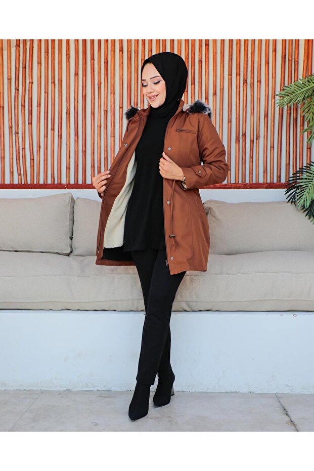 SHORT BONDIT FABRIC WAIST STRAPPED HOODED WITH FUR INSIDE WINTER COAT CUSTOM