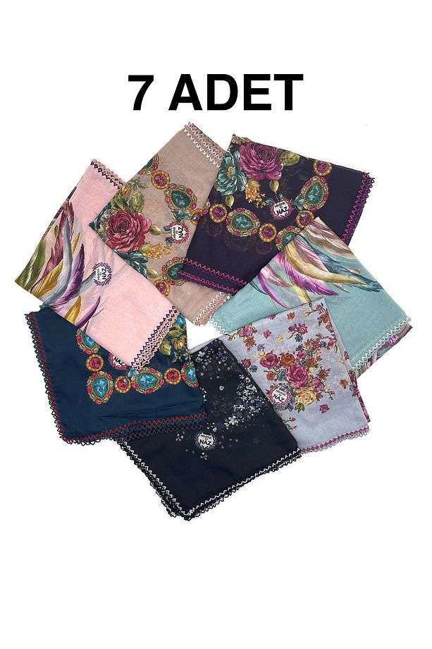 Kenarları Oyalı 7'li Set Pamuklu Yazma 100x100cm Eşarp Toptan Dağıtmalık - 1