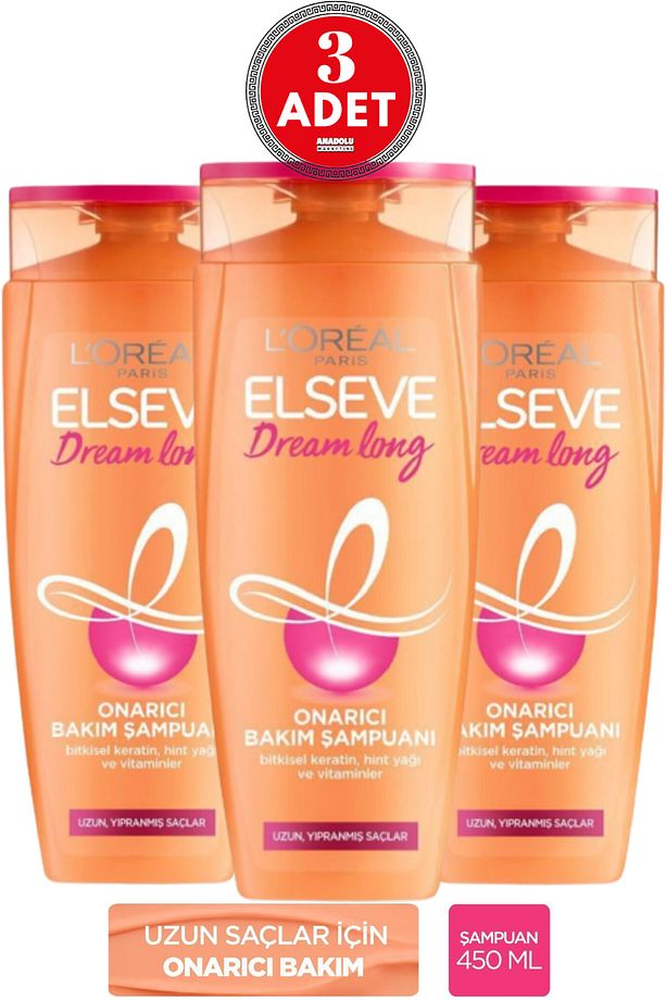 L'Oreal Paris Elseve Dream Long Onarıcı Bakım Şampuanı 450 ml 3 Adet - 1