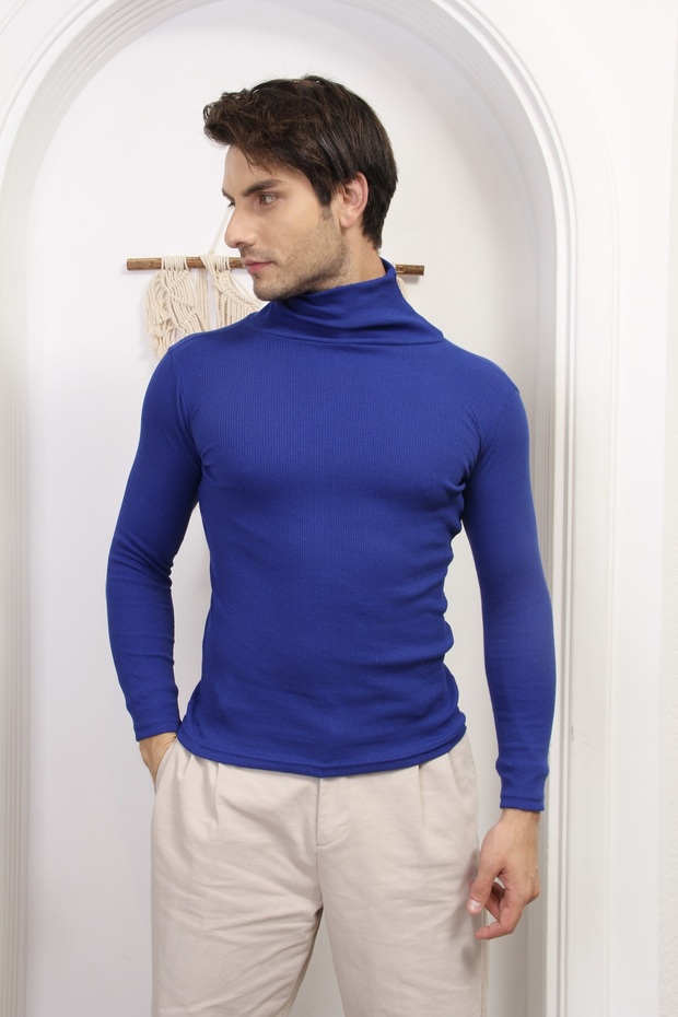 Men's Cobalt Blue Turtleneck Knitwear Lycra Sweater