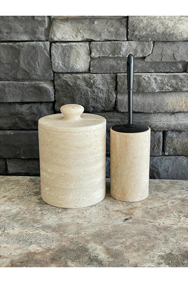 Travertine Natural Stone Trash Can and WC Brush Holder Set of 2 (MATTE BLACK BRUSH)