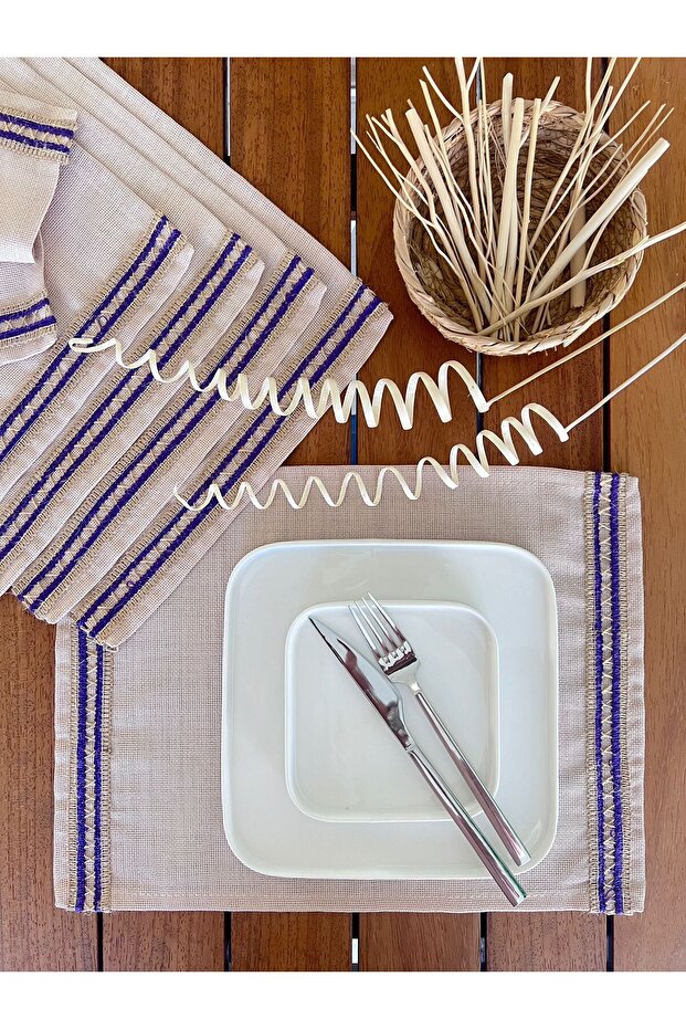 American Service, Jute Textured, Linen Linen Purple Stripe 6 Pieces