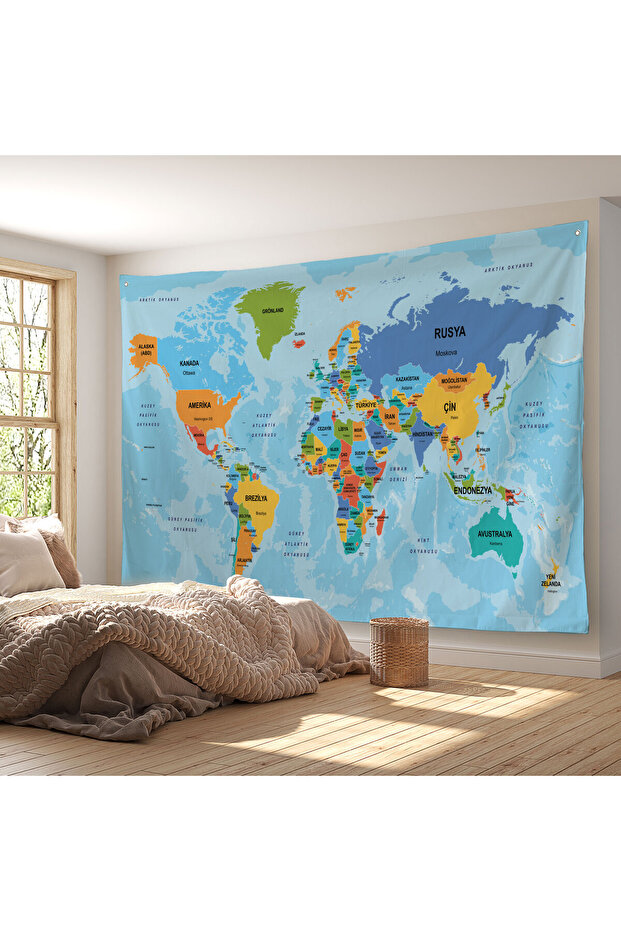 Wall Cover / Carpet Detailed Current Turkish World Map Quality Canvas Fabric-3974
