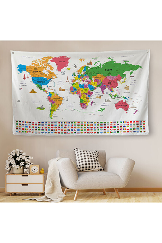 Wall Cover Flag Detailed Turkish Current World Map Canvas Wall Tapestry-4052