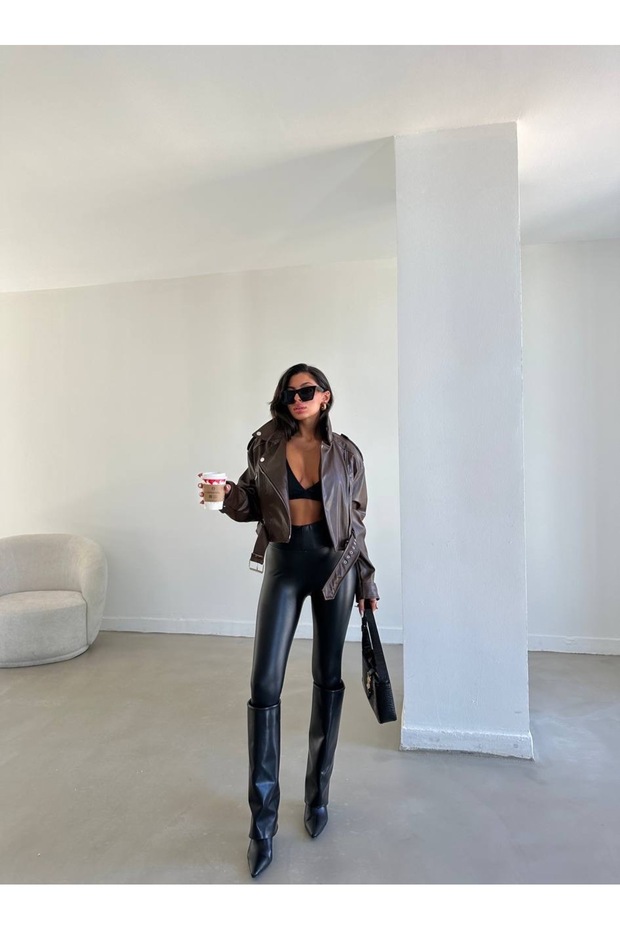 Jachetă de piele maro Biker Crop - 4