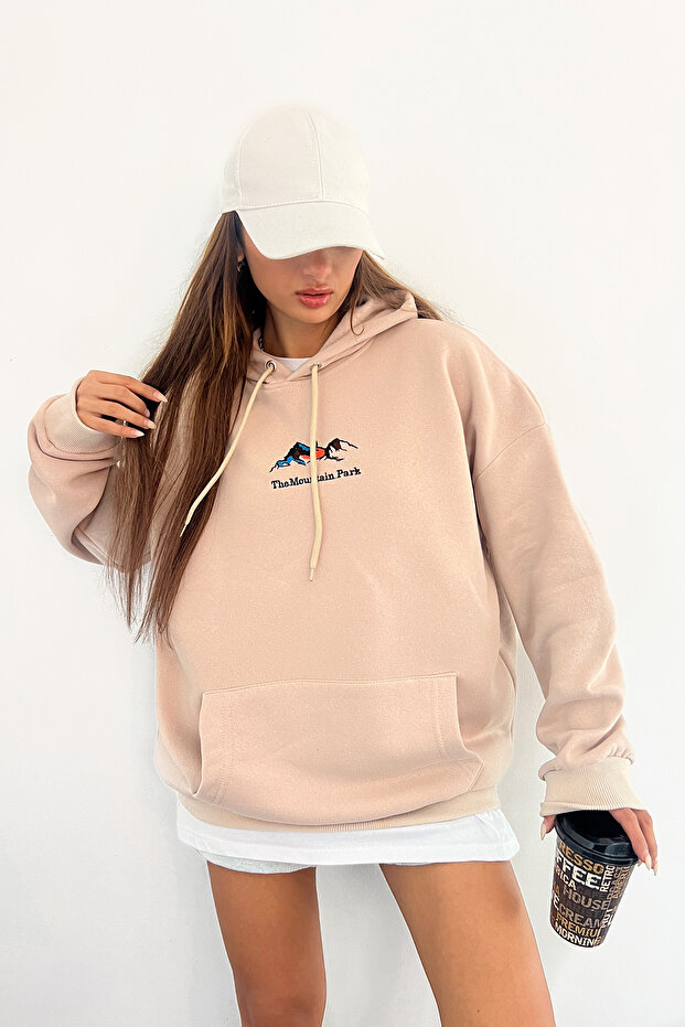 Unisex Oversize Hooded Cream 3 Thread Raster Embroidered Combed Cotton Sweatshirt