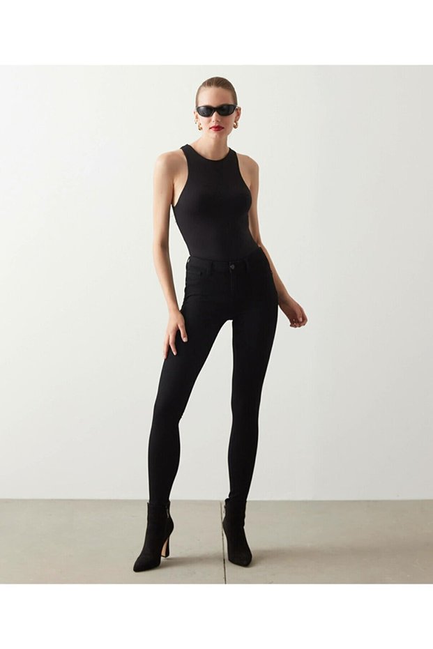 Morocco Black High Waist Slim Skinny Skinny Leg Colorfast Jeans Trousers