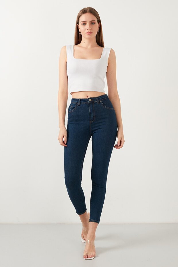 Mehlika Tower A.c.a.i.p Women's Dark Blue High Waist Ankle Length Slim Leg Skinny Lycra Jeans