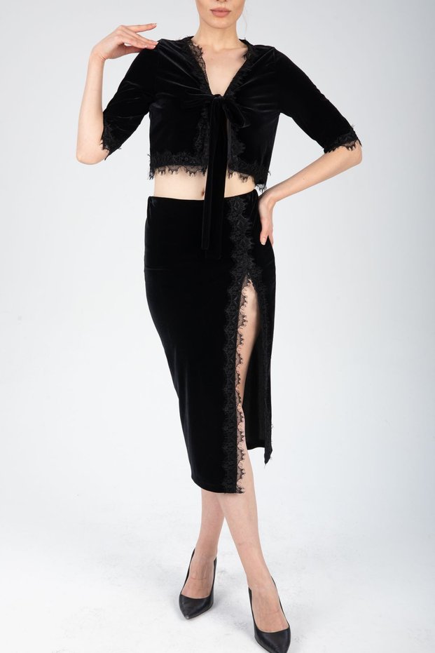 LACE DETAIL CUSTOM DESIGN VELVET SKIRT