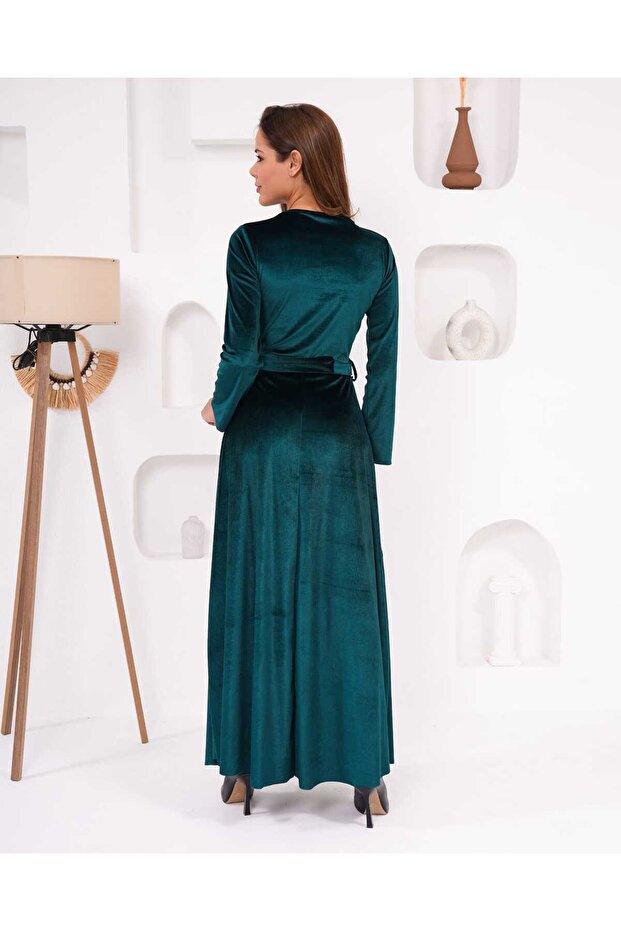 Bisiklet Yaka Kadife Elbise - 3