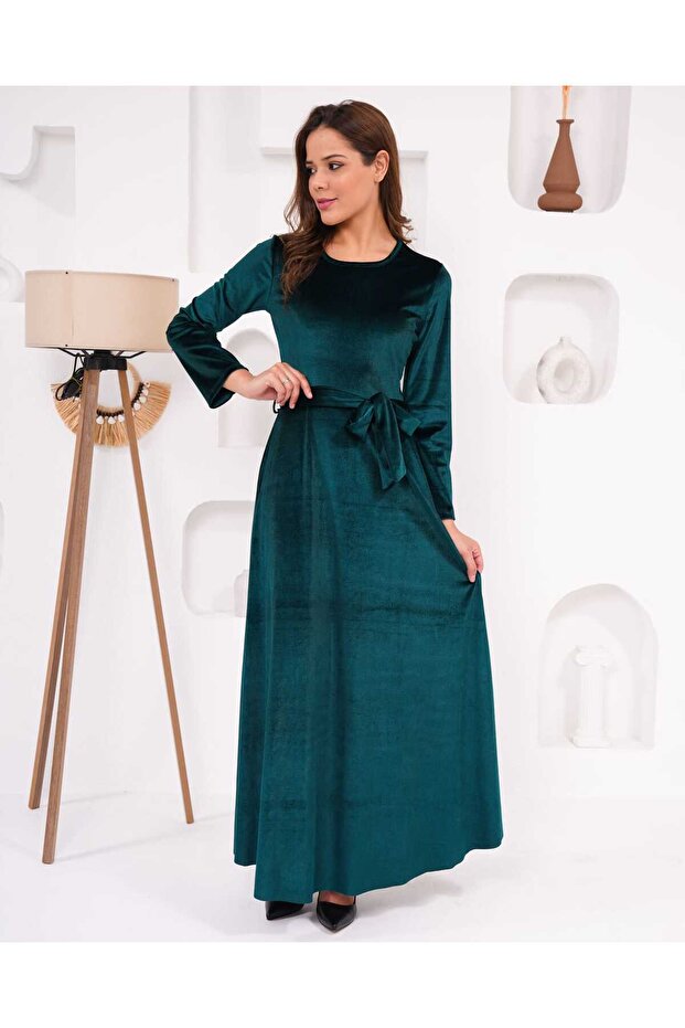 Bisiklet Yaka Kadife Elbise - 4