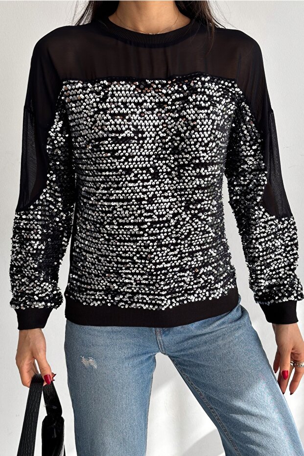 Women's Black Complete Sequin Embroidered Chiffon Detailed Blouse
