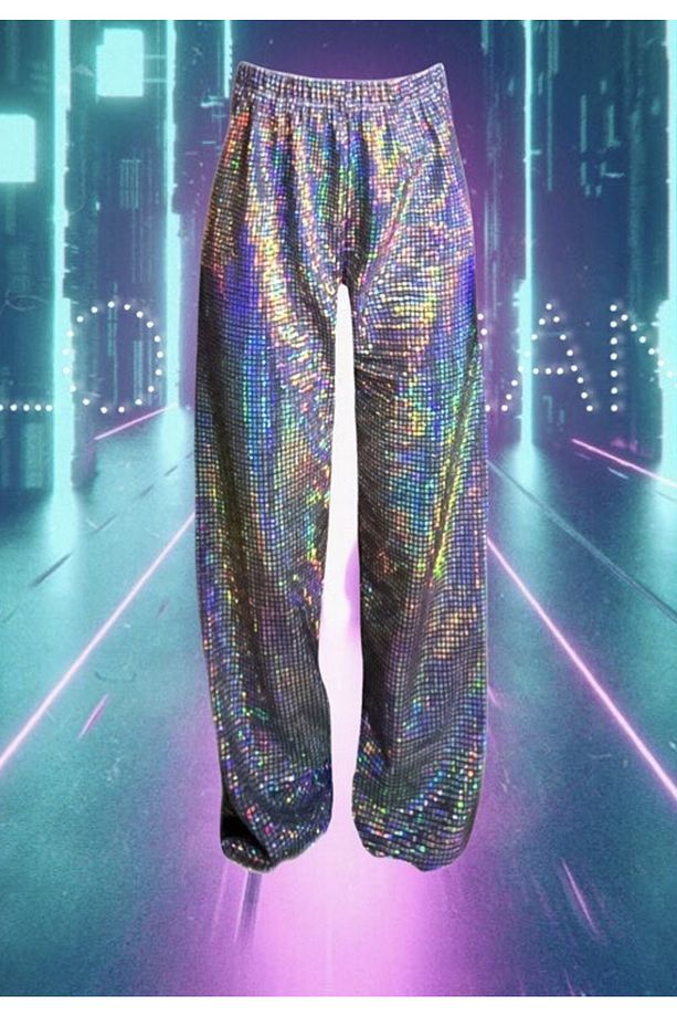 Pullu Parlak Gümüş Disko Pantolon Hologram Metalik Kumaş - 1