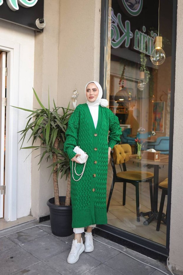 Women's Full Length Button-Closure Knitwear Cardigan Emerald Green