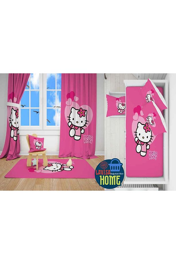Hello Kitty Model Dijital Baskı 2 fon Perde & Yatak Örtüsü ve Yastık Kılıfı & Halı - 1
