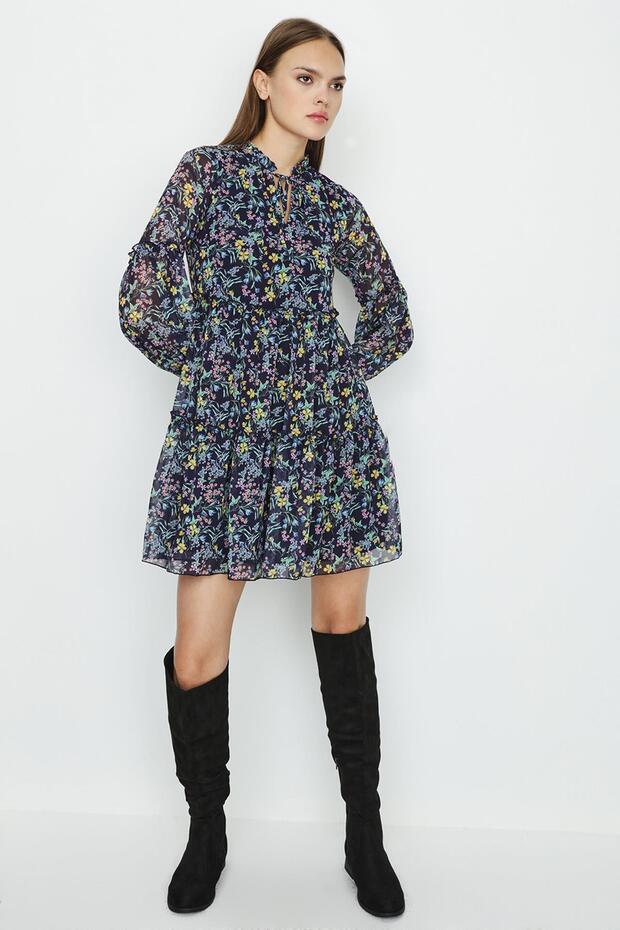 Desenli Şifon Elbise - 3