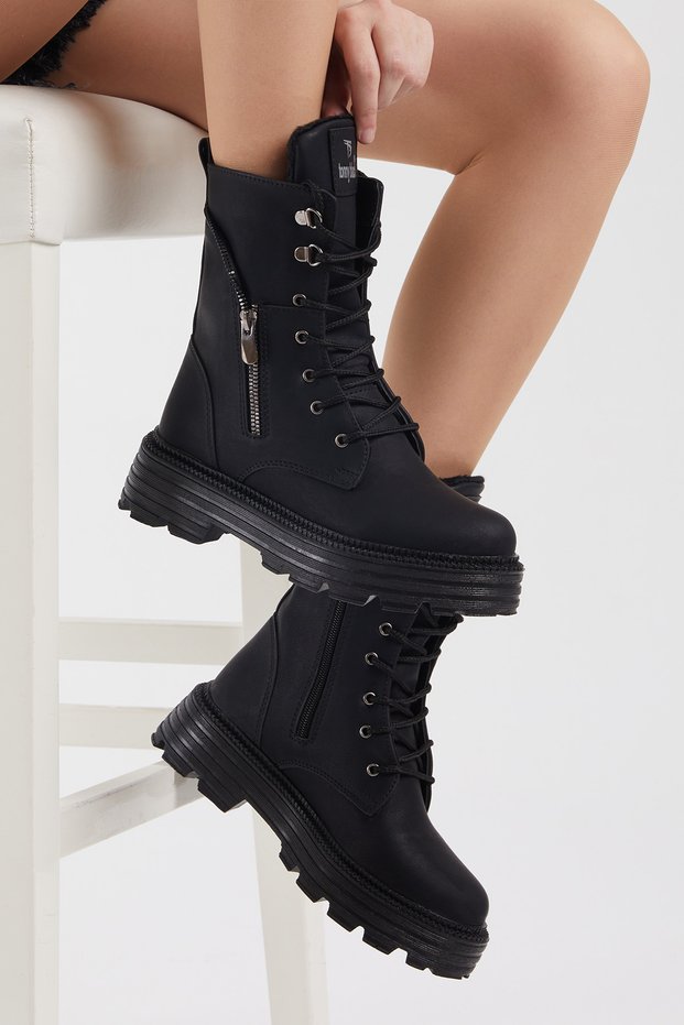 Women's Black Skin Poly Sole Zipper Detailed Comfortable Fit Lace Up Boots