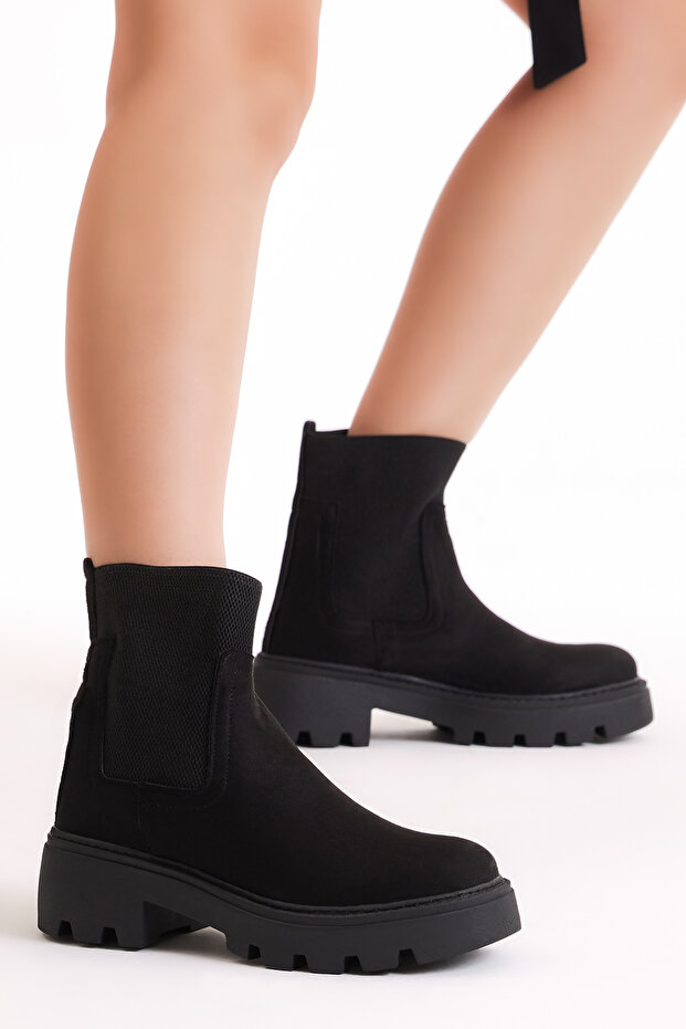 Women's Black Suede Thermo Sole Elastic Boots