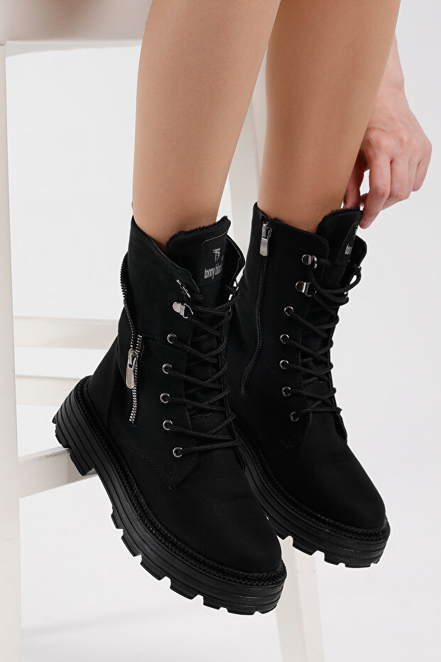 Női fekete velúr poliészter cipzáras, kényelmes fűzős csizma - 4