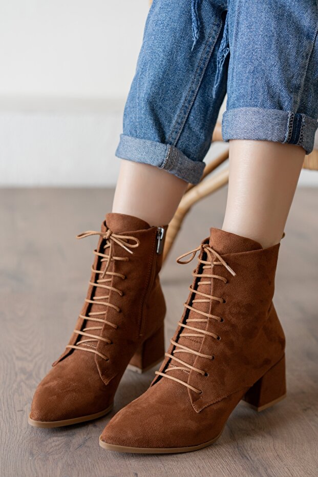 Katerina Tan Suede (5cm) Thick Heeled Pointed Toe Lace Up Daily Women's Boots