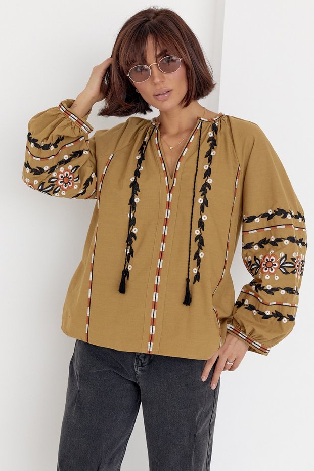 Women's Mustard New Season Raglan Sleeve Tassel Embroidered Cotton Blouse