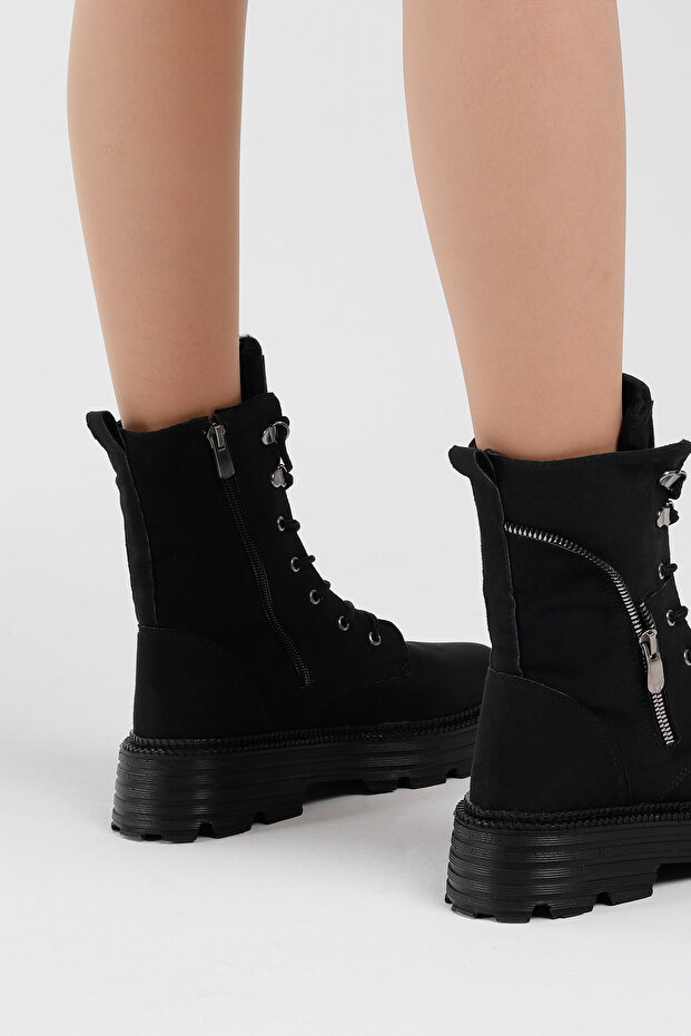 Női fekete velúr poliészter cipzáras, kényelmes fűzős csizma - 3