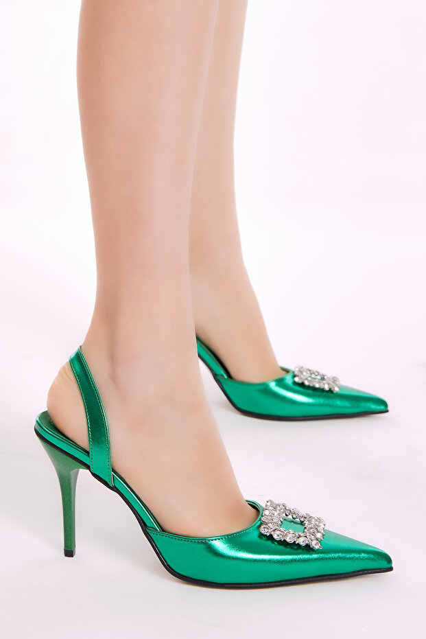 Women's Green Gecce Series Pointed Toe Heeled Shoes with Buckle on the Front