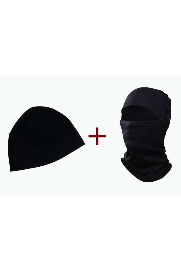 2-Piece Black Thermal Winter Polar Snow Mask Biker Helmet - Polar Black Beanie Set Set