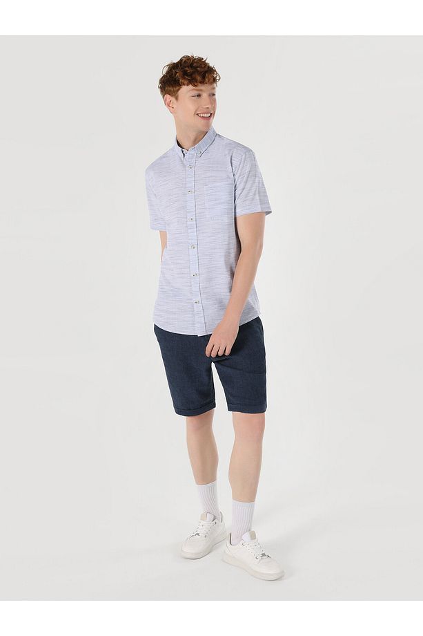 Slim Fit Basic Mavi Erkek Kısa Kol Gömlek - 3
