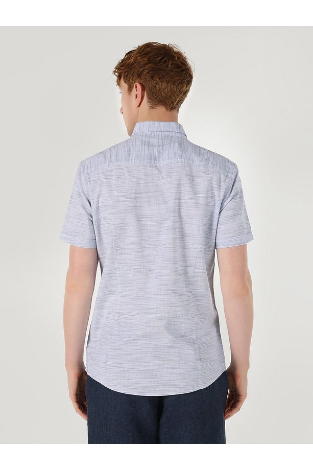 Slim Fit Basic Mavi Erkek Kısa Kol Gömlek - 2