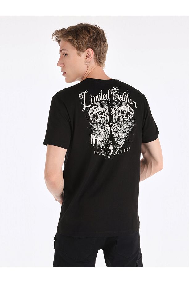 Regular Fit Bisiklet Yaka Baskılı Siyah Erkek Kısa Kol Tişört - 7