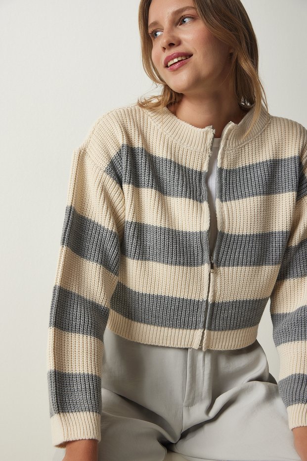 Women's Cream Gray Zippered Striped Knit Cardigan MC00246