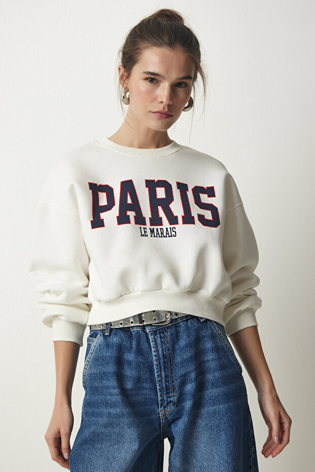Women's Ecru Printed Raised Crop Knitted Sweatshirt HF00444