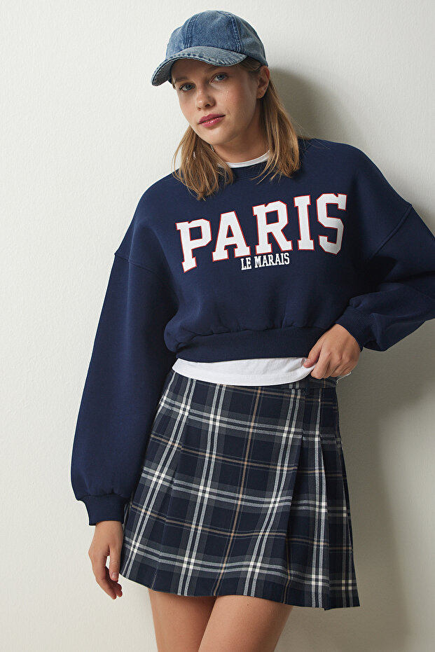 Women's Navy Blue Printed Raised Crop Knitted Sweatshirt HF00444