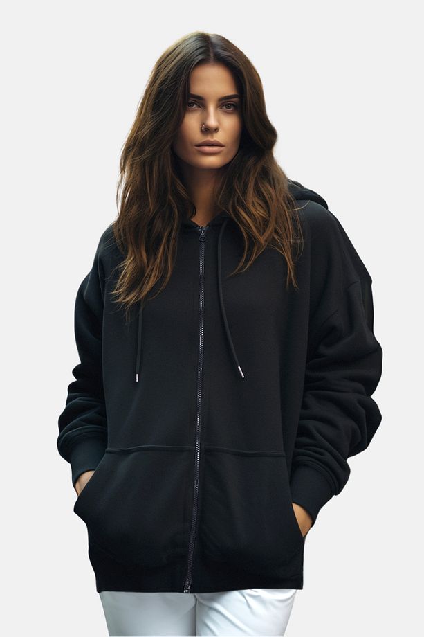 Siyah Kapüşonlu Oversize/Geniş Kalıp Fermuarlı Kapuşonlu Kalın İçi Polarlı Sweatshirt TWOAW21SW0840 - 7