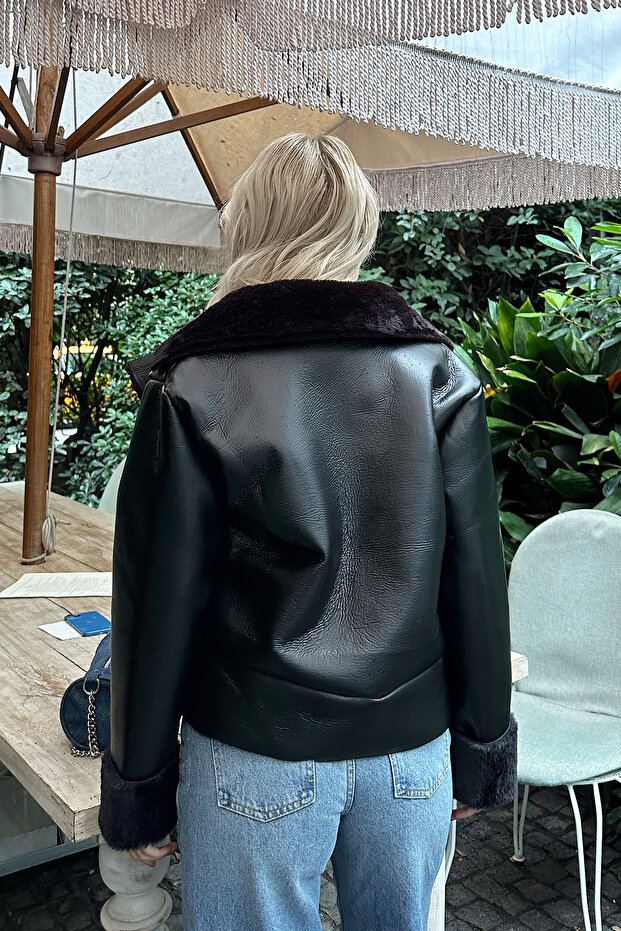 Dámský černý dvojitý límec s kožešinovou podšívkou na zip z měkké umělé kůže ALC-X11150 - 5