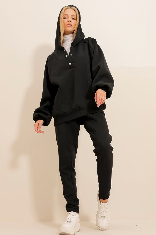 Women's Black 3 Thread Ribbon Hood and Snap Closure Tracksuit Set ALC-X11074