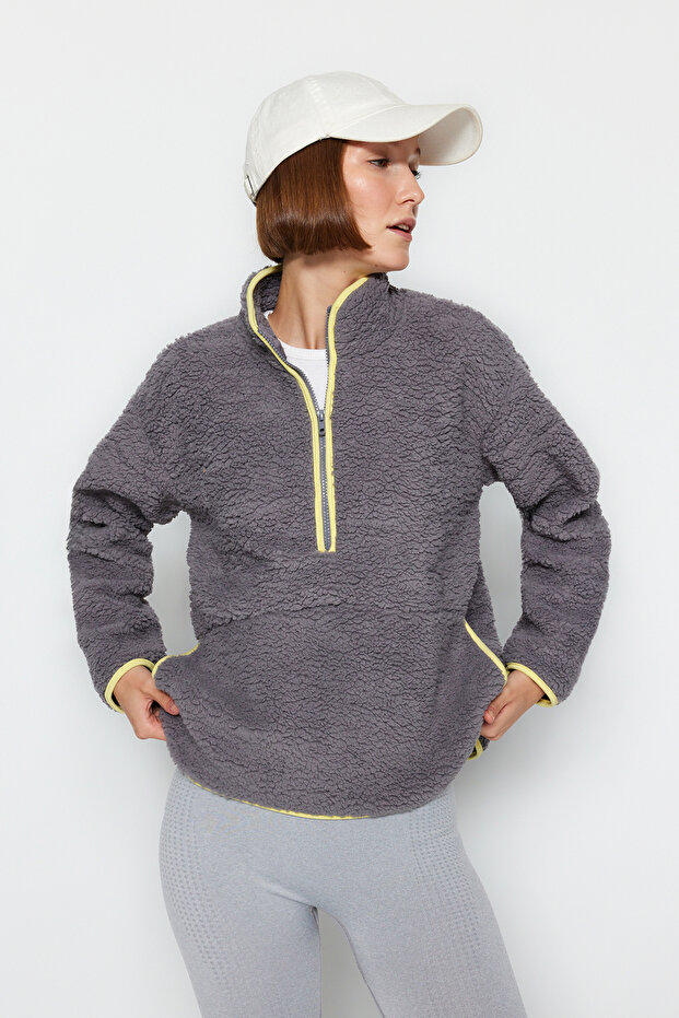 Gri Peluş Örme Spor Sweatshirt THMAW23SW00021 - 3