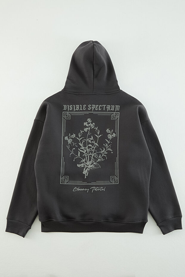 Antrasit Oversize/Geniş Kesim Kapüşonlu Çiçek Baskı İçi Polar/Sıcak Tutan Sweatshirt TMNAW24SW00100 - 3