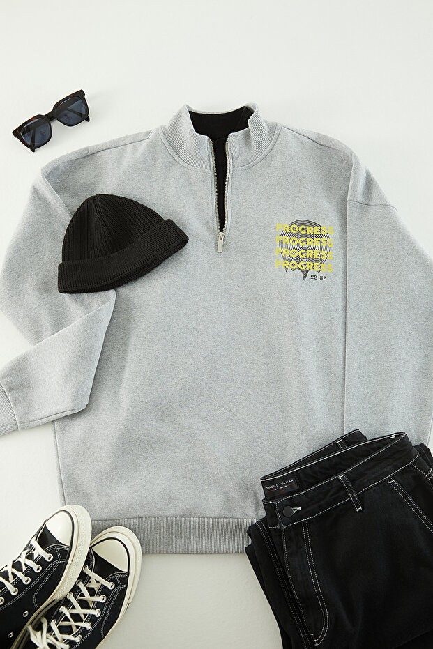 Gray Large Size Oversize/Wide Cut High-Neck Zippered Fleece Inside Sweatshirt Tmnaw24Ao00005