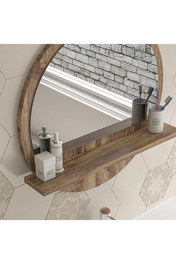 Yuvarlak Raflı Ayna 45CM Ceviz Dresuar Hol Koridor Salon Banyo Wc Ofis Çocuk Yatak Odası Boy - 3