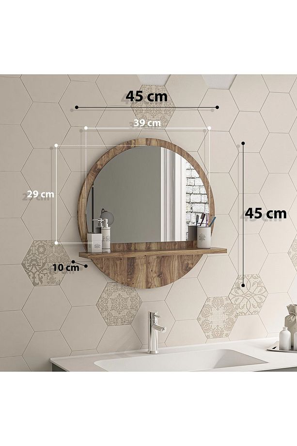 Yuvarlak Raflı Ayna 45CM Ceviz Dresuar Hol Koridor Salon Banyo Wc Ofis Çocuk Yatak Odası Boy - 4