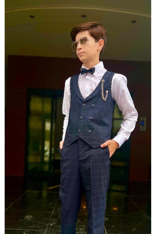 Boy's Vest Suit with Shirt Set Plaid Navy Blue
