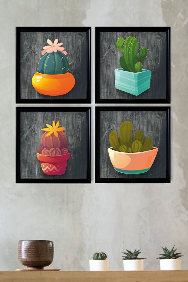 Çerçeve Görünümlü 4 Lü Renkli Kaktüs Tablo Seti - 3